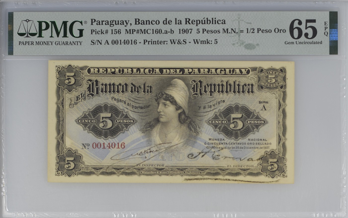 收藏联盟Quantum Auction 第280期拍卖  巴拉圭1907年5 Pesos等值 1/2比索银币 PMG65 A00首发冠