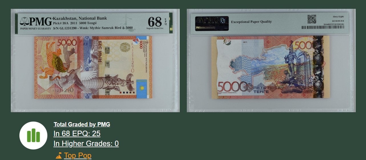《张总收藏》113期—缤纷外币 精品荟萃 哈萨克斯坦2011年5000坚戈PMG68E冠军分无47靓号 IBNS世界最佳纸币获奖钞