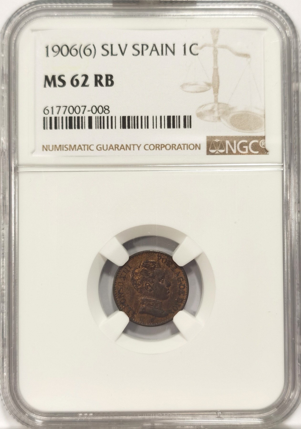 博洋堂世界钱币拍卖第038期（全场包邮） NGC MS62RB 1906SLV西班牙阿方索十三世1分铜币