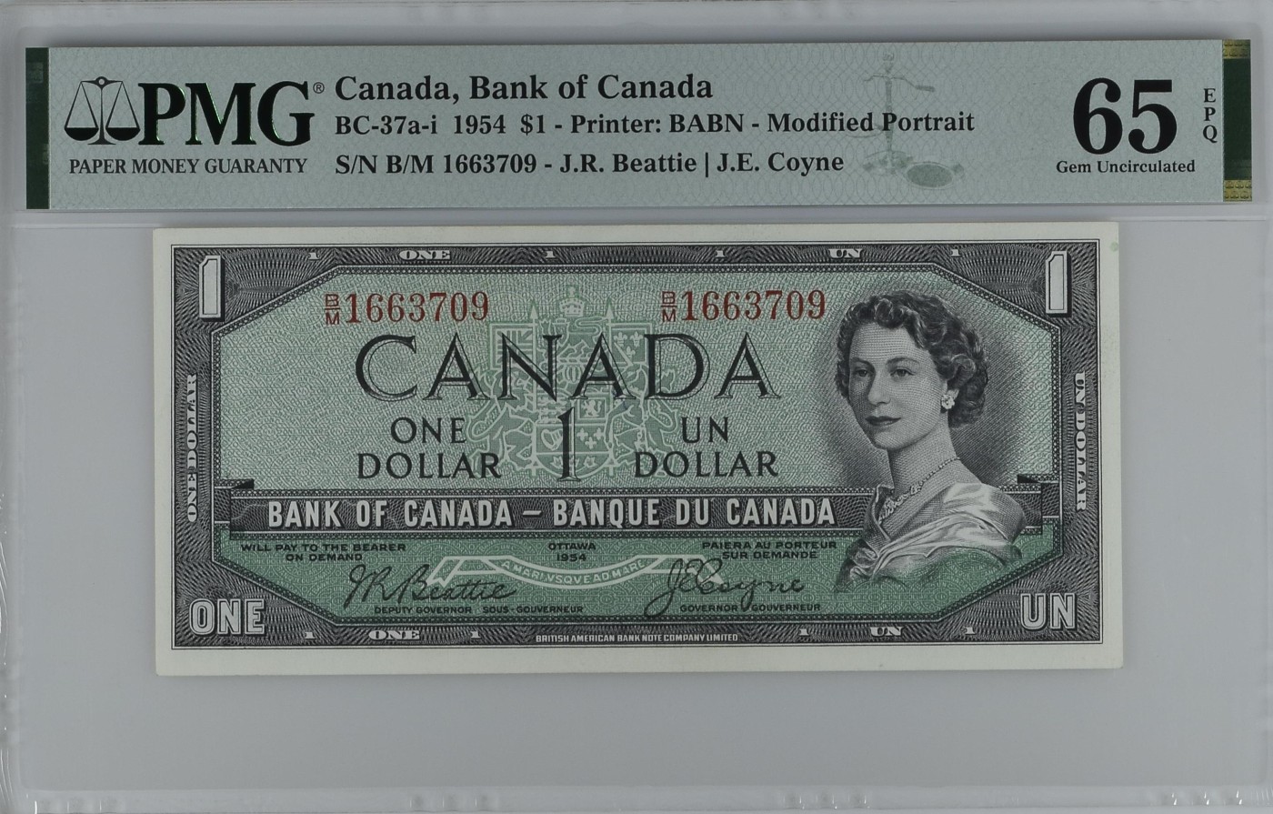 收藏联盟Quantum Auction 第280期拍卖  加拿大1954年1元 PMG65 号码无4