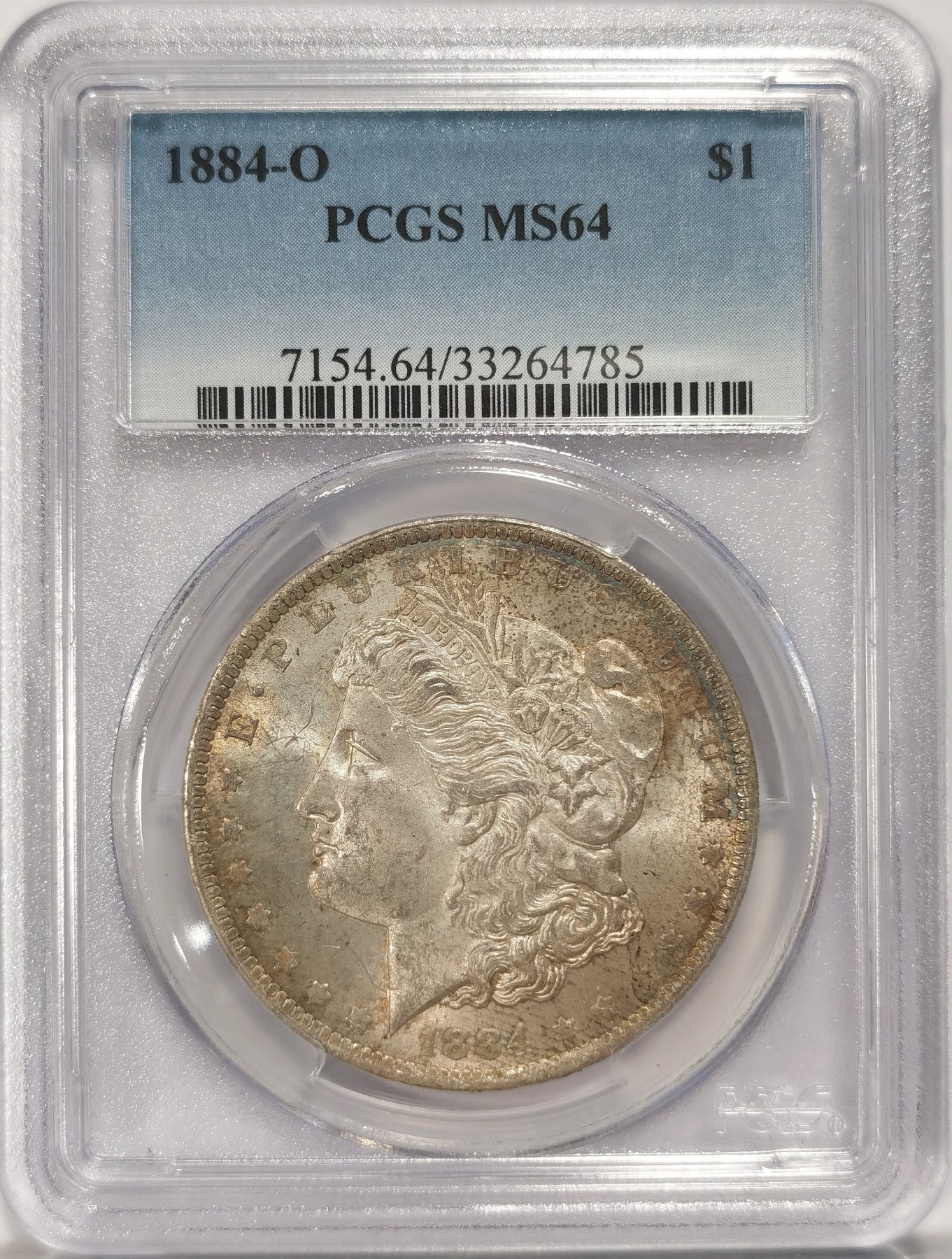 博洋堂世界钱币拍卖第038期（全场包邮） PCGS MS64 1884年O版美国摩根银币，环彩包浆，PCGS经典老盒难得