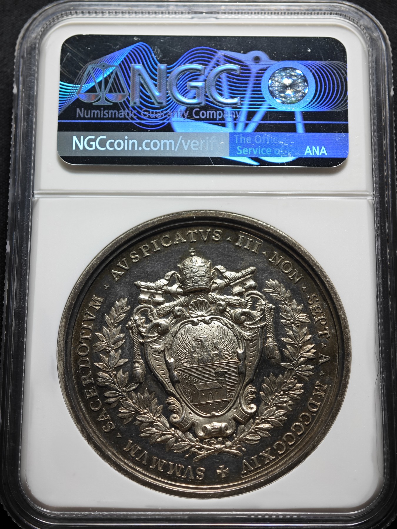 1914年 梵蒂冈本笃十五世教皇宗教选举会议纪念银章 NGC MS62