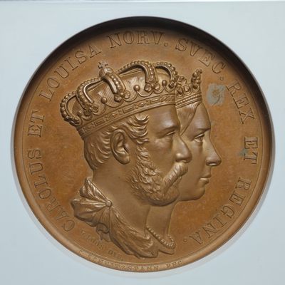 1860年 瑞典瑞典卡尔十五世高浮雕铜章 名家LOOS作品 NGC MS63BN