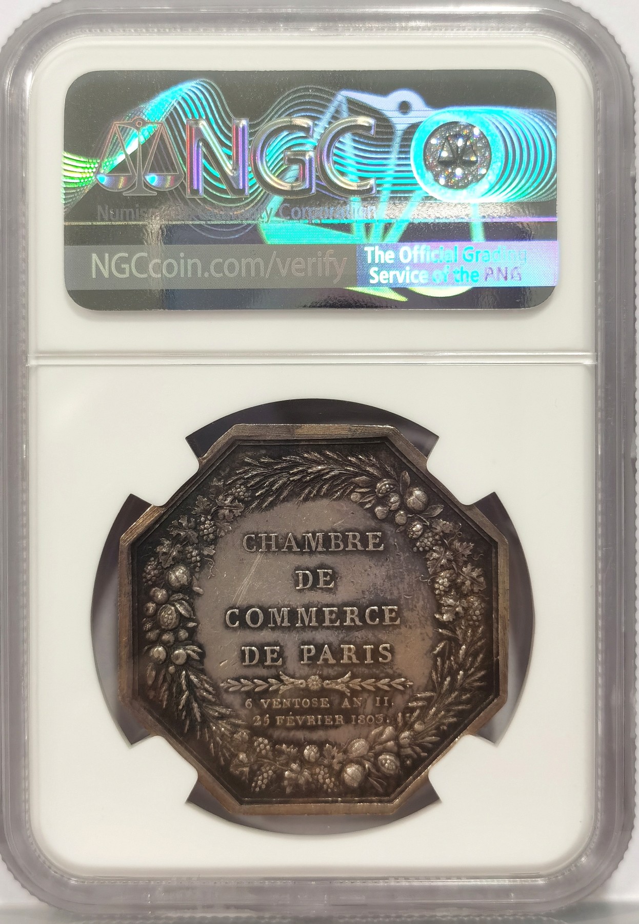 博洋堂世界钱币拍卖第038期（全场包邮） NGC MS61 法国1804年拿破仑商会八角银章 ，直径35mm，原味老包浆