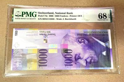 【Blue Auction】✨世界纸币精拍第358期【精】 -  【冠军分 888豹子号无47罕见一步到位收藏级】瑞士 2006年1000法郎 PMG68EPQ 超高分 保值增值 瑞士艺术史学家杰克伯·布克哈特  