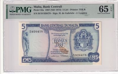 乐淘淘纸币精选 第13期 周五周六连拍第二场 - 【B/19 926478】马耳他1967年纸币 5里拉 经典彩背 PMG65EPQ 季军分