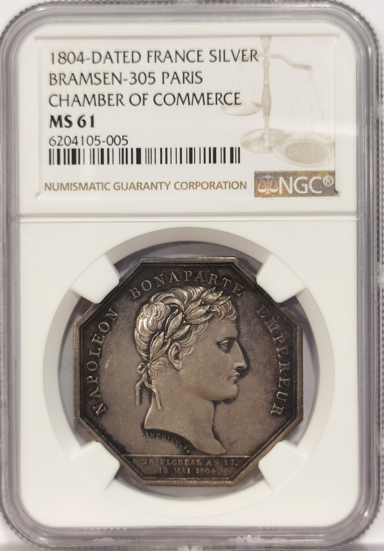 博洋堂世界钱币拍卖第038期（全场包邮） NGC MS61 法国1804年拿破仑商会八角银章 ，直径35mm，原味老包浆
