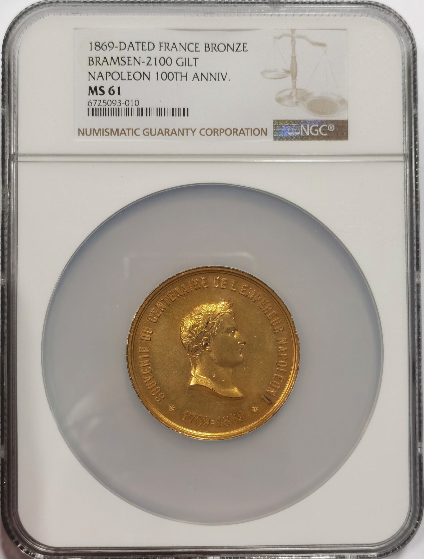 博洋堂世界钱币拍卖第038期（全场包邮） NGC MS61法国1869年拿破仑一世诞辰百年镀金纪念铜章（直径50.50毫米，重53.40克），此章金粉保留完整，状态十分难得