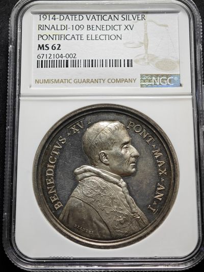 1914年 梵蒂冈本笃十五世教皇宗教选举会议纪念银章 NGC MS62