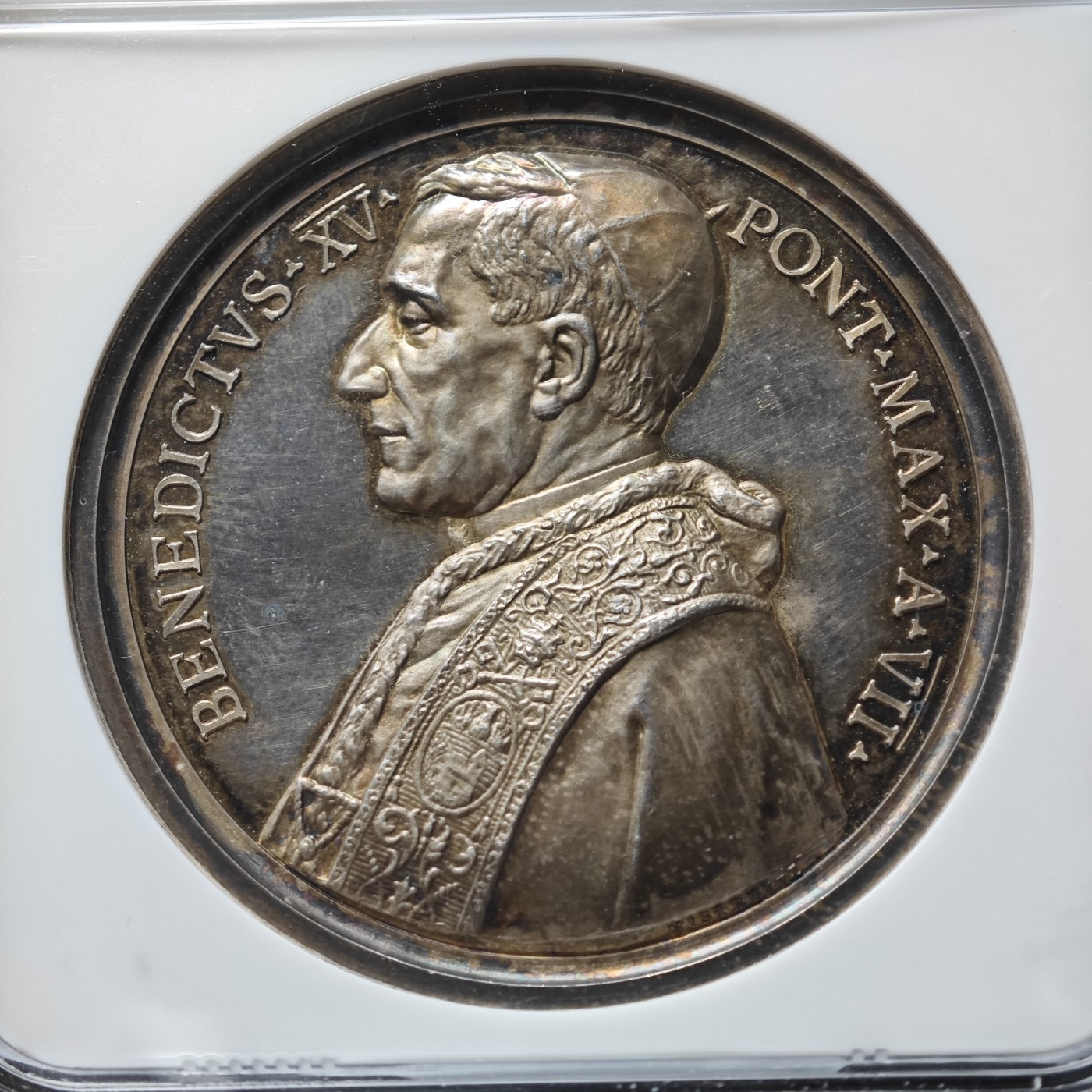 1920年 梵蒂冈本笃十五世教皇“圣·以法莲”封圣银章 NGC MS63
