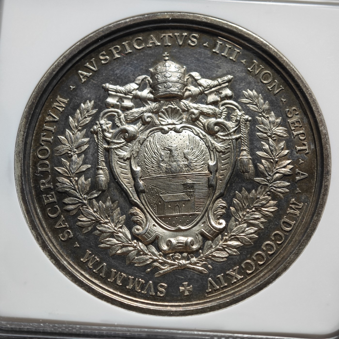 1914年 梵蒂冈本笃十五世教皇宗教选举会议纪念银章 NGC MS62