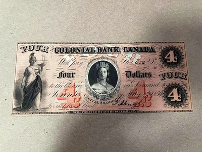 【Blue Auction】✨世界纸币精拍第358期【精】 - 【维多利亚女王时期 手签实钞 珍罕 656雷达小号】加拿大殖民银行 1859年4元 少见面值 维多利亚女王头像雕刻非常传神 稀少品种 UNC- 品相（有个小角折、1个极小针孔） 殖民银行（该银行纸币珍罕 高值低分可以拍到超高价）业务遍及拉美西印度群岛与西部非洲地区，于1920年被蒙特利尔（满地可）银行收购 