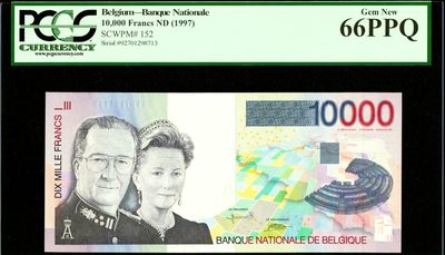【Blue Auction】✨世界纸币精拍第358期【精】 - 比利时 1997年10000法郎 最高值 PCGS66EPQ 绿标 阿贝尔二世国王夫妇 