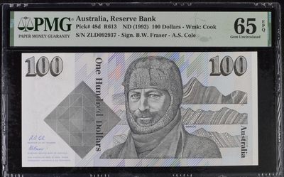 乐淘淘纸币精选 第13期 周五周六连拍第二场 - 【ZLD092937】澳大利亚1992年纸币 100元 毛线帽 PMG65EPQ 季军分