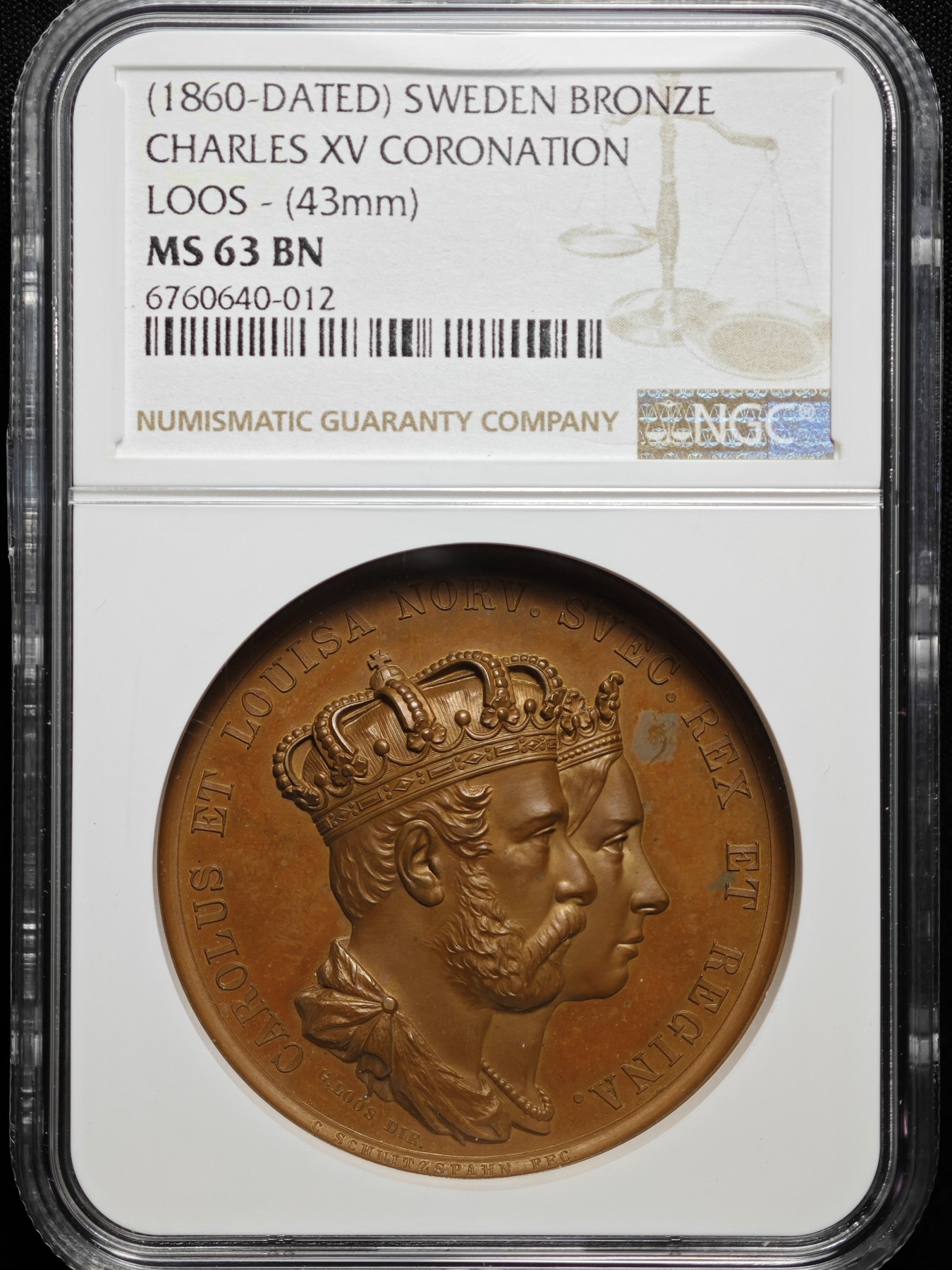 1860年 瑞典瑞典卡尔十五世高浮雕铜章 名家LOOS作品 NGC MS63BN