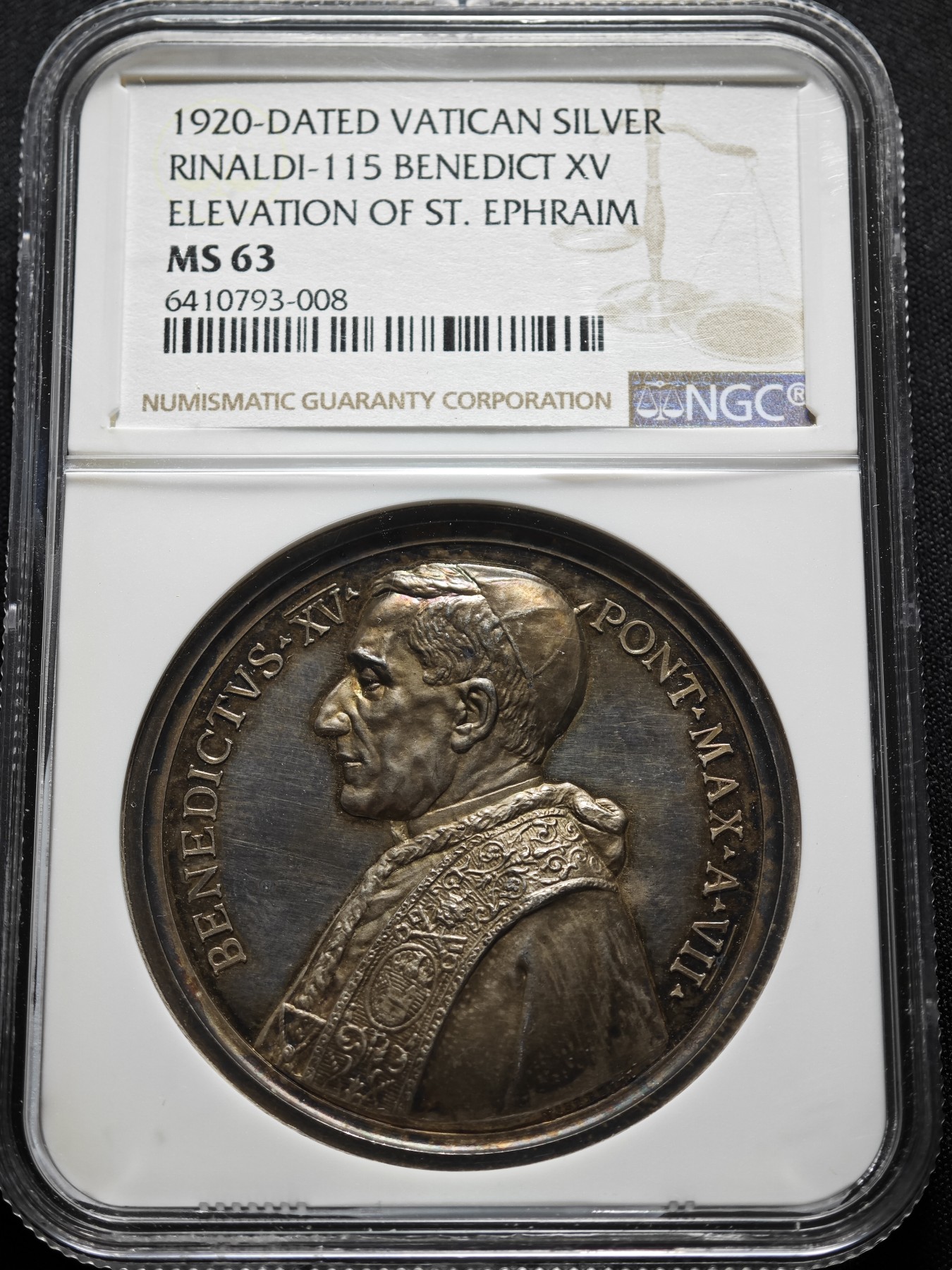 1920年 梵蒂冈本笃十五世教皇“圣·以法莲”封圣银章 NGC MS63