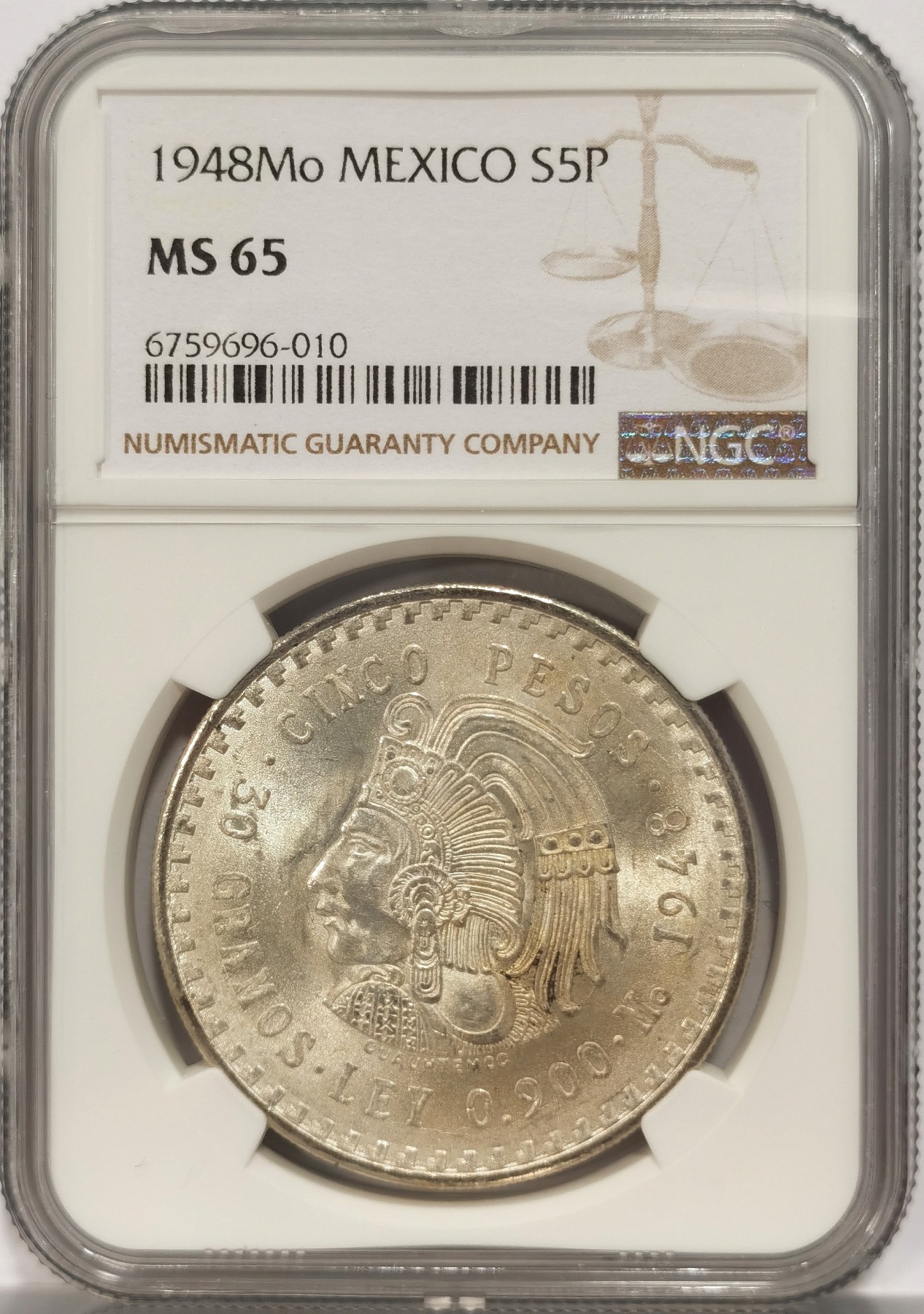 博洋堂世界钱币拍卖第038期（全场包邮） NGC MS65 墨西哥1948年玛雅人5比索大银币，上65分就很难得了