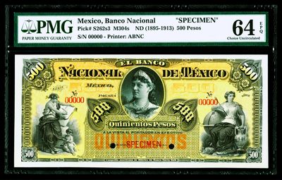 【Blue Auction】✨世界纸币精拍第358期【精】 - 【仅6个记录 设计繁缛非常精美 超大票副 百年风云】墨西哥早期 1895-1913年500比索高值 PMG64EPQ原票 ABNC出品 双面雕刻非常漂亮 正面历史缪斯女神 背面墨西哥高乔人策马奔腾 雕刻活灵活现不可多得 近处仙人掌 远方雪山 宛如唯美画卷 无红字破坏主图 该版非常少见值得珍藏 样钞