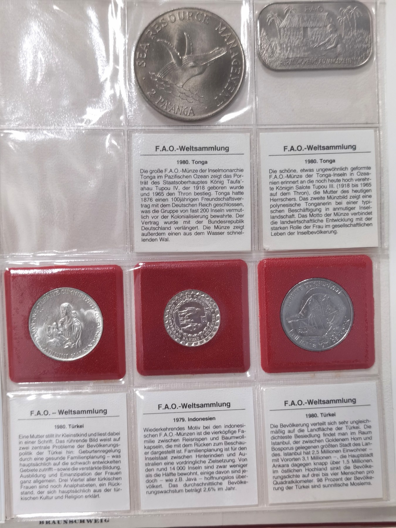 博洋堂世界钱币拍卖第038期（全场包邮） 1978-1980年FAO官方钱币收藏册，含5银2金+2汤加饼干币，一共49枚