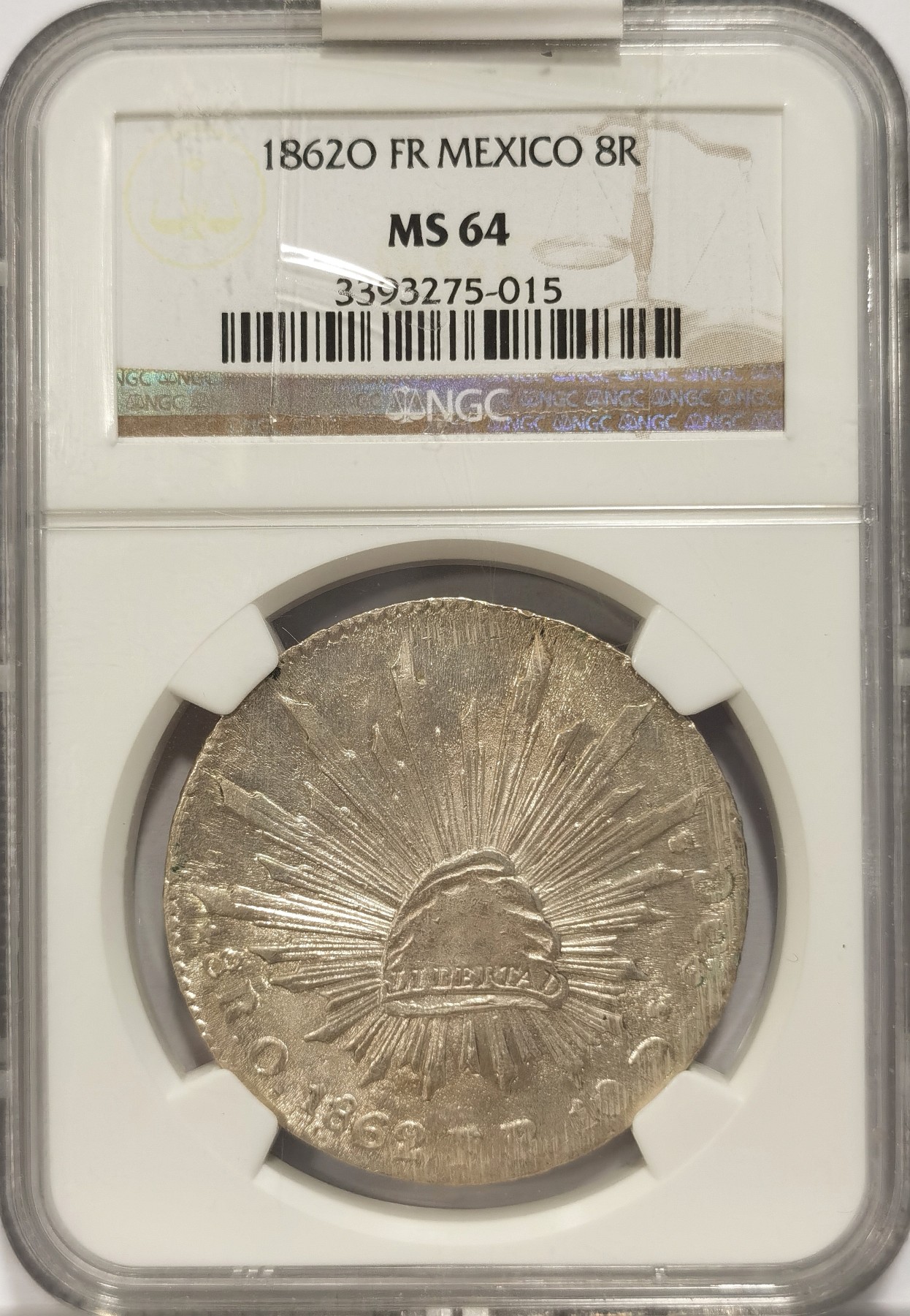 博洋堂世界钱币拍卖第038期（全场包邮） NGC MS64 墨西哥1862年O FR版花边鹰洋，热门单O版，收藏佳选， 2021年SBP拍卖12600元