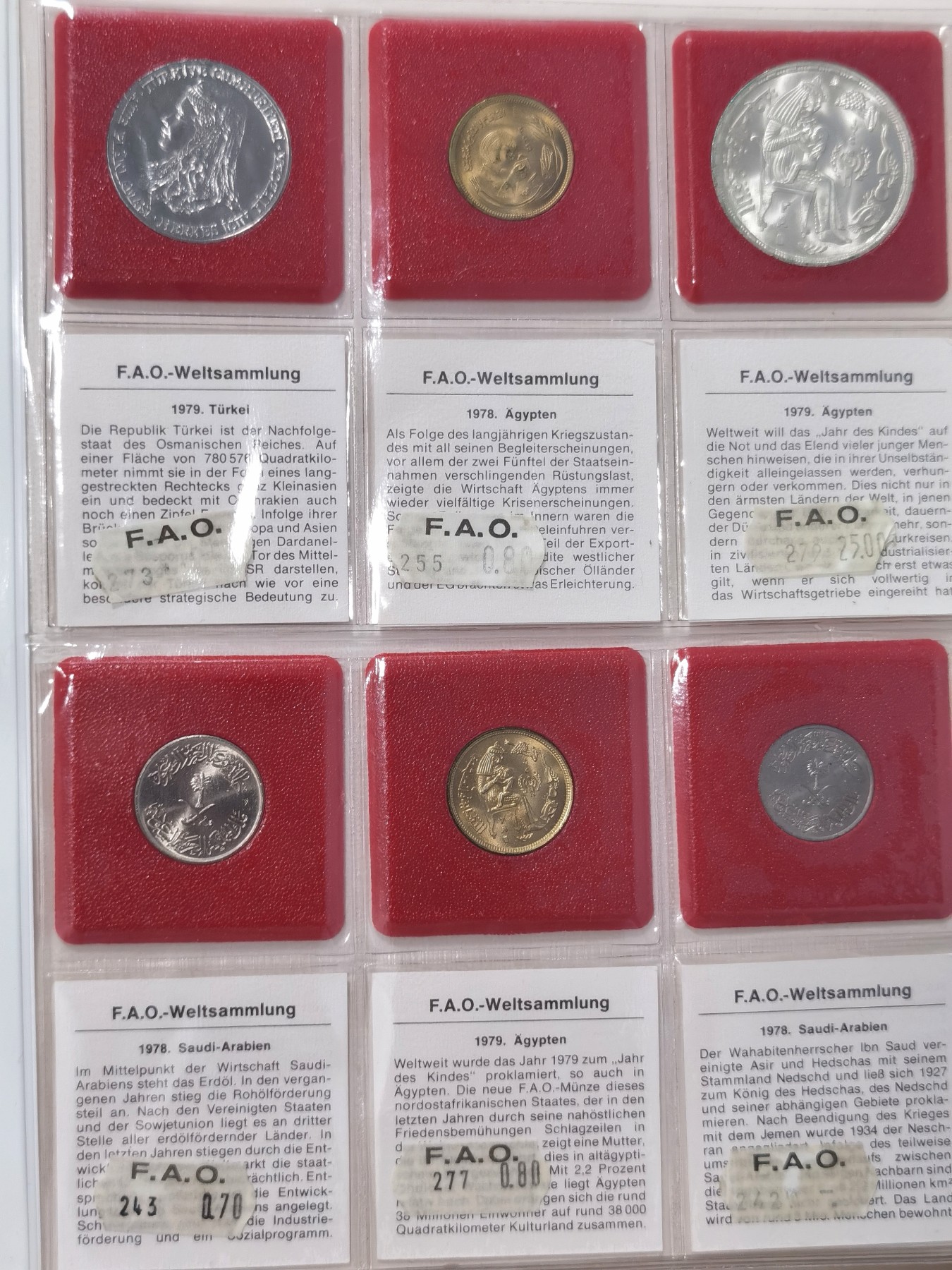 博洋堂世界钱币拍卖第038期（全场包邮） 1978-1980年FAO官方钱币收藏册，含5银2金+2汤加饼干币，一共49枚