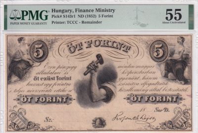 乐淘淘纸币精选 第13期 周五周六连拍第二场 - 匈牙利1852年纸币 5福林 百年老钞 稀少品种 单面印刷 PMG55