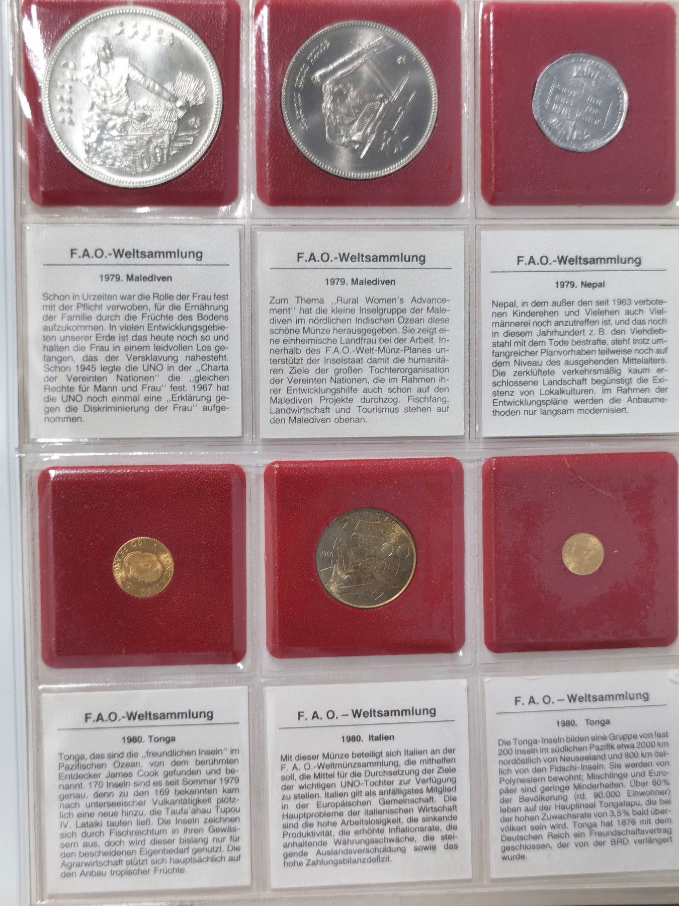 博洋堂世界钱币拍卖第038期（全场包邮） 1978-1980年FAO官方钱币收藏册，含5银2金+2汤加饼干币，一共49枚