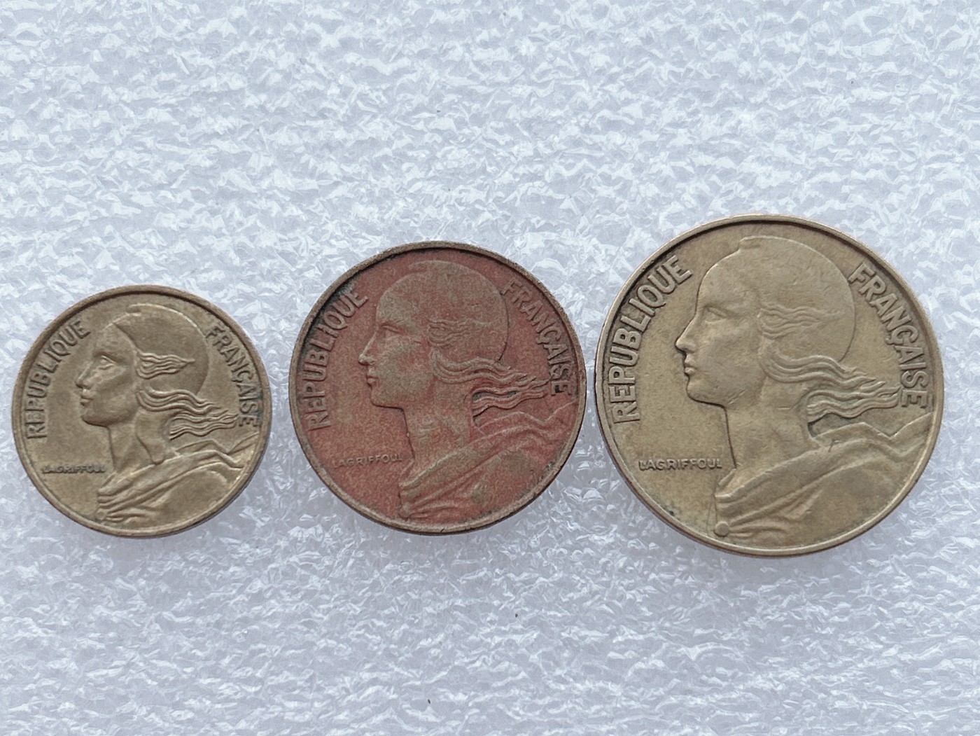 全场一元起拍 世界钱币散币场 第15期 法国全套3枚5 10 20生丁麦穗女神
