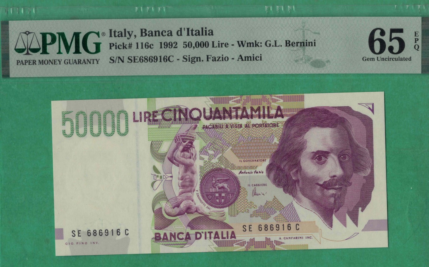 意大利50000里拉 1992年 克劳斯P-116c 无47 倒置号 欧洲纸币 实物图 UNC