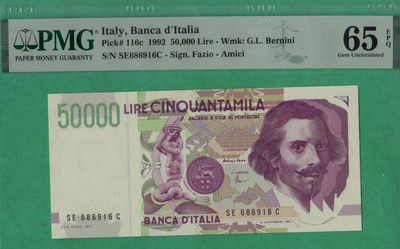 意大利50000里拉 1992年 克劳斯P-116c 无47 倒置号 欧洲纸币 实物图 UNC - 意大利50000里拉 1992年 克劳斯P-116c 无47 倒置号 欧洲纸币 实物图 UNC
