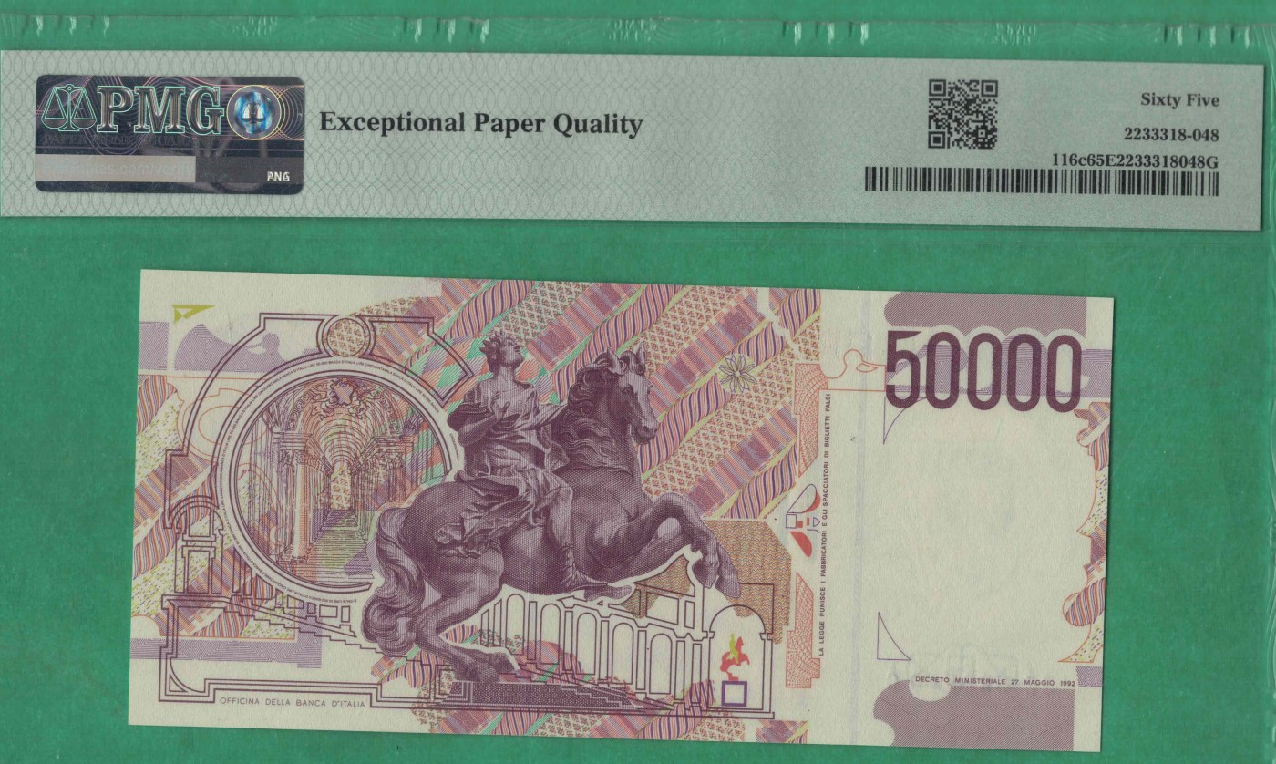 意大利50000里拉 1992年 克劳斯P-116c 无47 倒置号 欧洲纸币 实物图 UNC