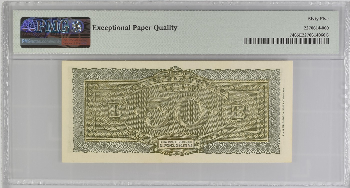 收藏联盟Quantum Auction 第281期拍卖  意大利银行1944年50里拉 PMG65 号码无47