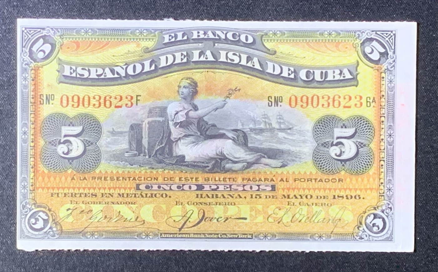 紫瑗钱币——第293期拍卖—纸币场 古巴 1896年 古巴西班牙银行 银元票 5比索 UNC