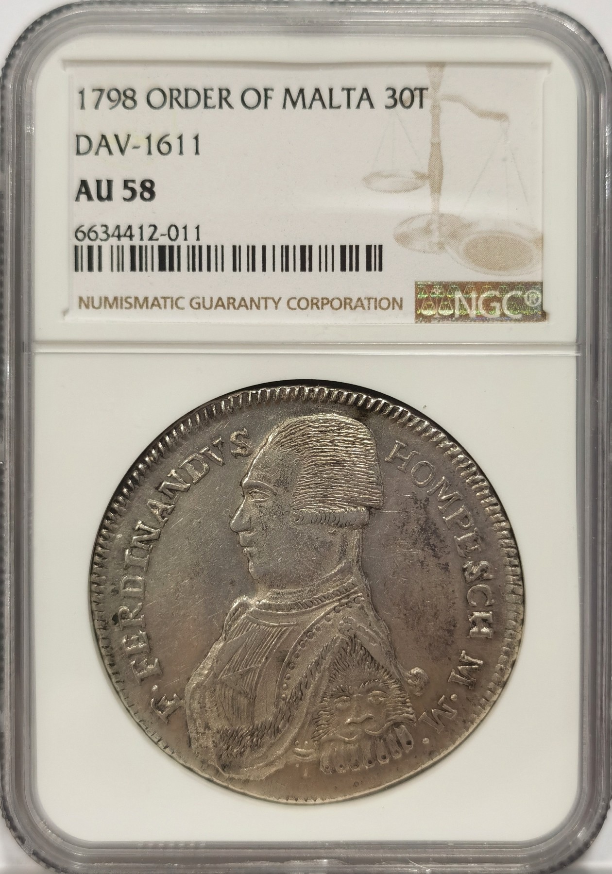 博洋堂“纯白金之夜”精品专场暨第039期（全场包邮） 荐！NGC AU58 马耳他1798医院骑士团30Tari，存世207枚，法占前发行，1611C版（肩甲7皮带，长头像）