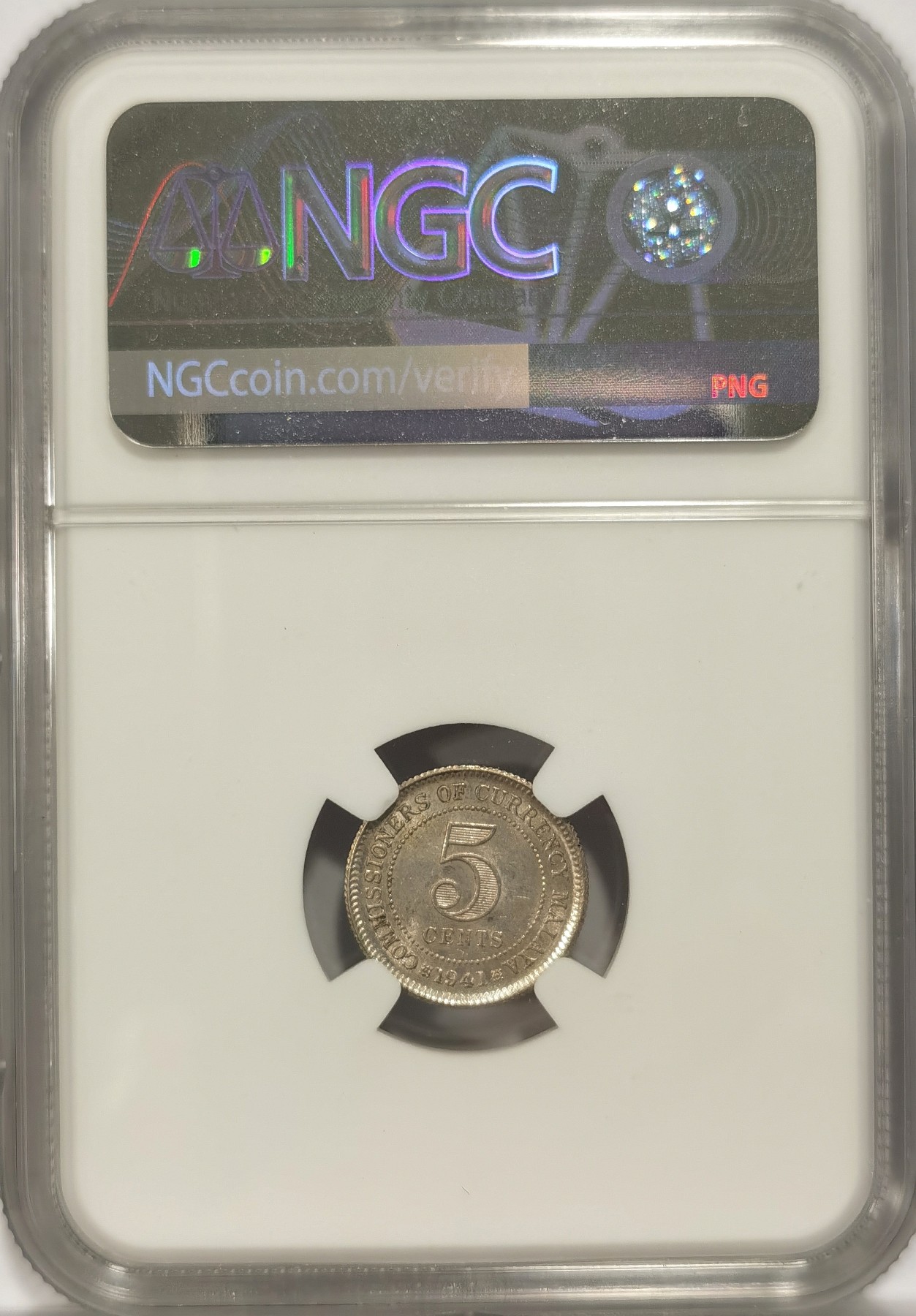 博洋堂世界钱币拍卖第038期（全场包邮） NGC MS62 英属马来亚1941年乔六5分银币