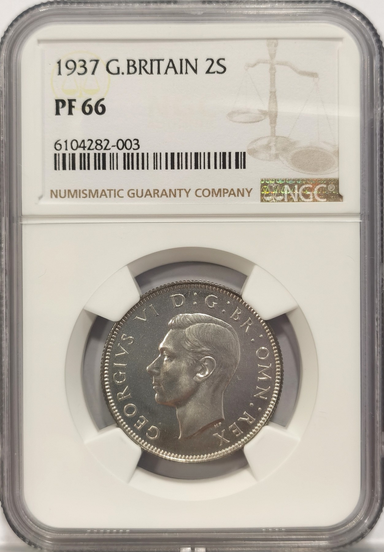 博洋堂“纯白金之夜”精品专场暨第039期（全场包邮） NGC PF66 英国1937年乔治六世精制弗洛林2先令银币一枚