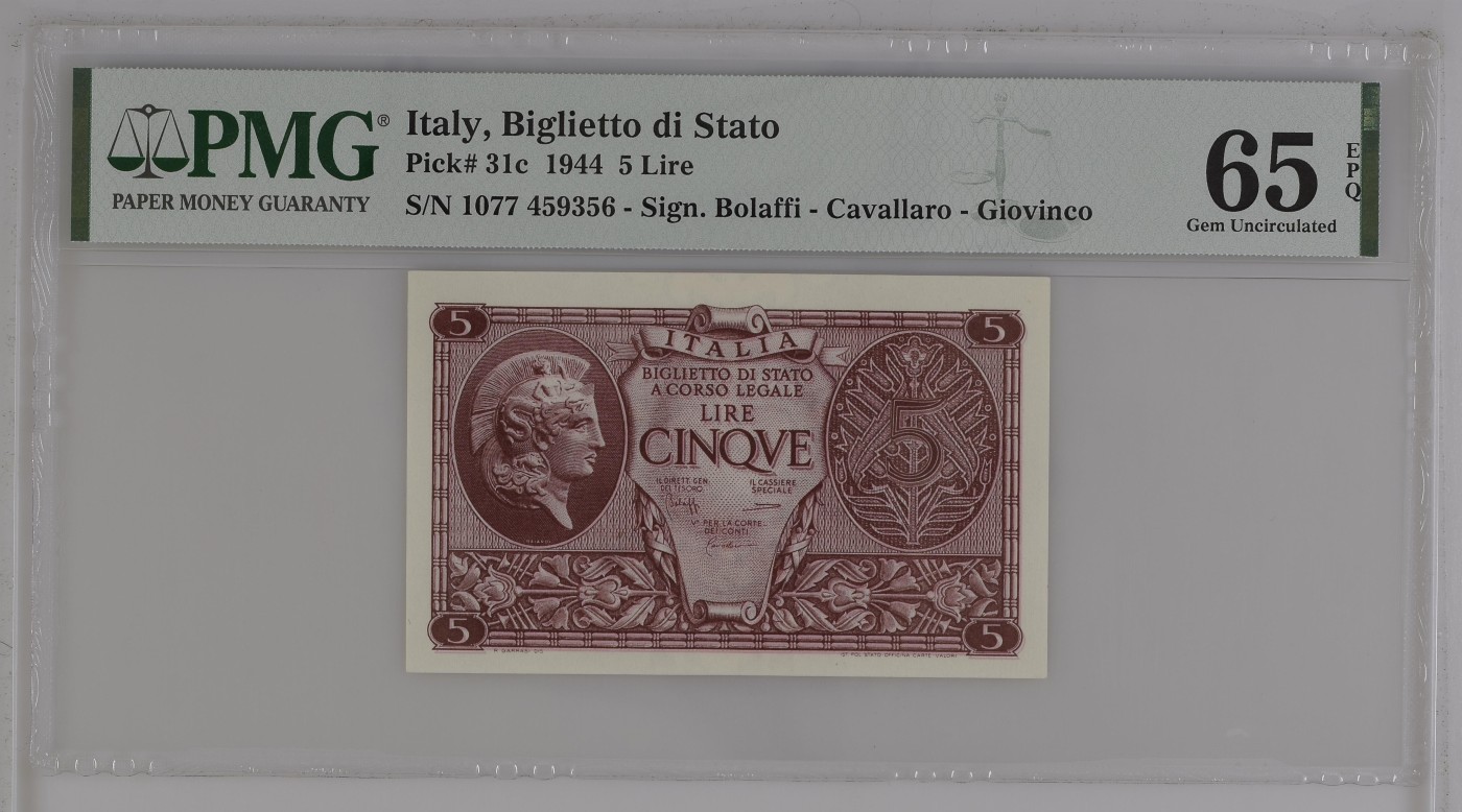 收藏联盟Quantum Auction 第281期拍卖  意大利1944年5里拉 PMG65