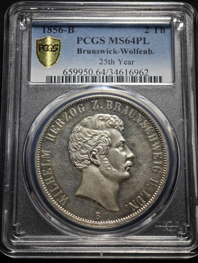 1856年 德国布伦瑞克2泰勒大银币 PCGS MS64PL