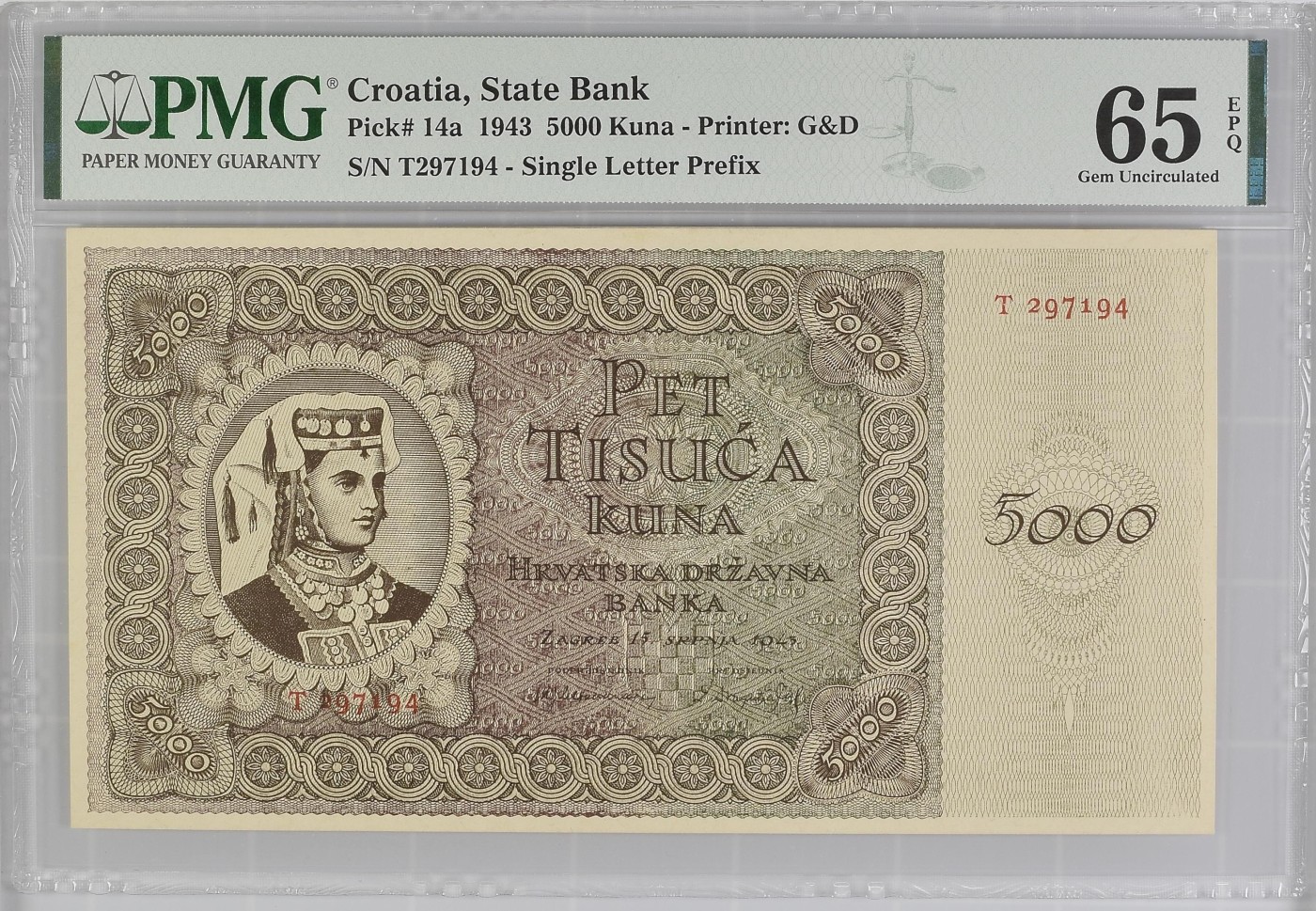 收藏联盟Quantum Auction 第281期拍卖  克罗地亚1943年5000库纳 PMG65 捷德代印 大票幅 