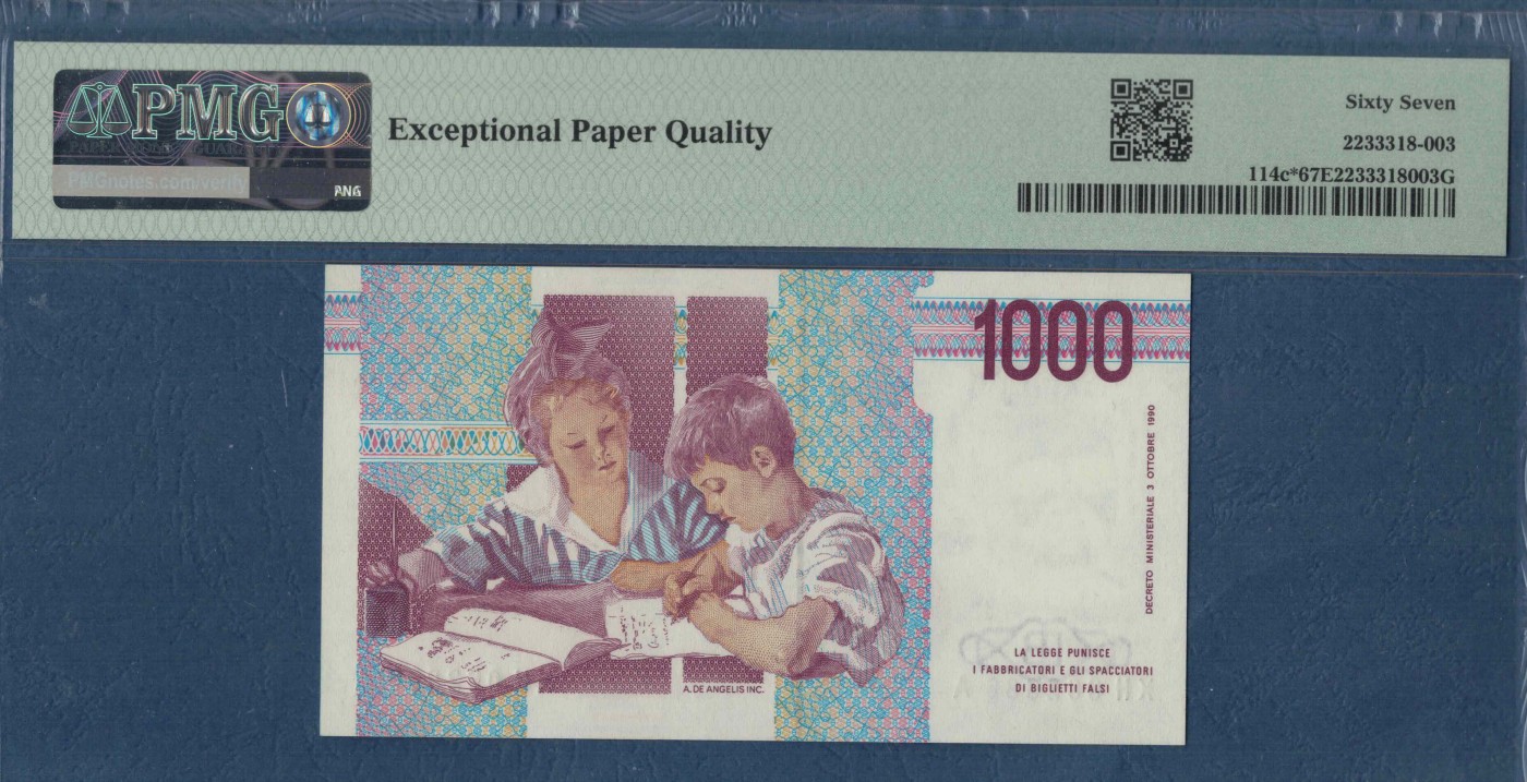 意大利1000里拉 1990年 P-114c* 补号钞(该冠仅发行15万张) 无47 欧洲纸币 实物图 UNC