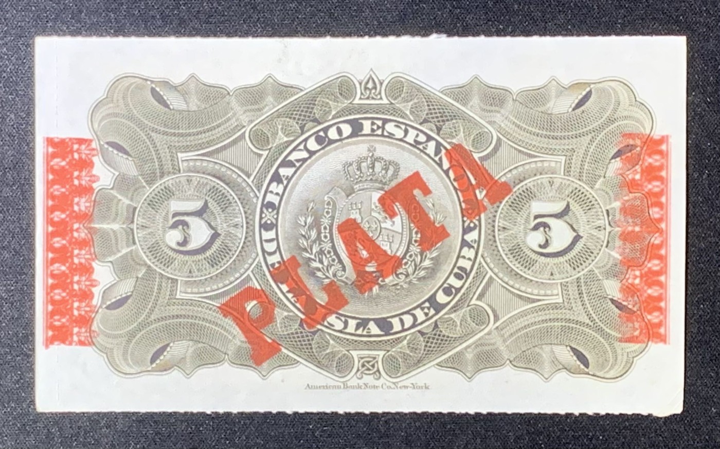 紫瑗钱币——第293期拍卖—纸币场 古巴 1896年 古巴西班牙银行 银元票 5比索 UNC