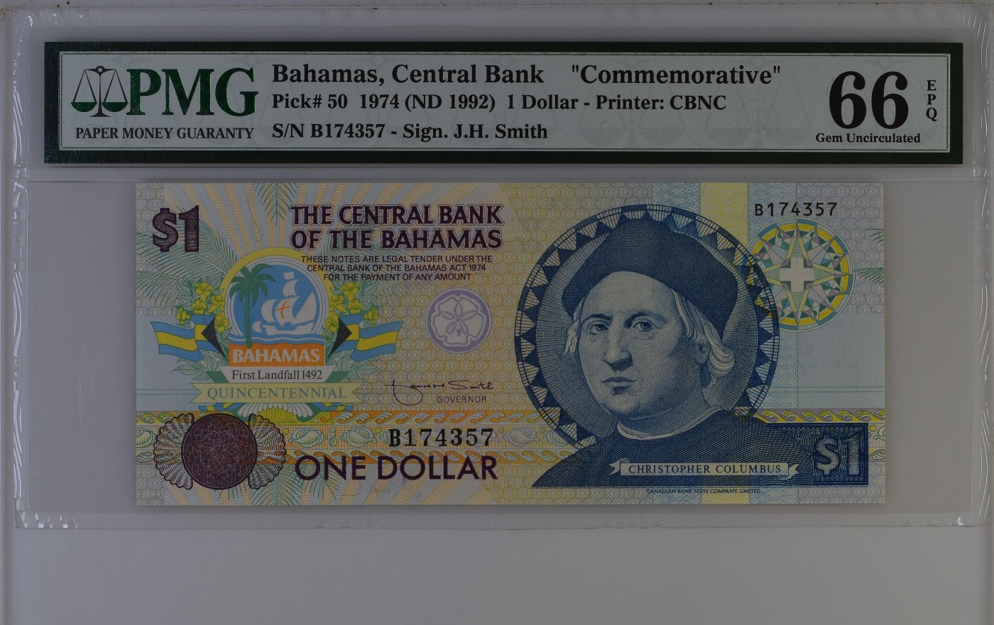 收藏联盟Quantum Auction 第281期拍卖  巴哈马中央银行1974 (ND 1992)年1元哥伦布首次登陆500周年纪念 PMG66