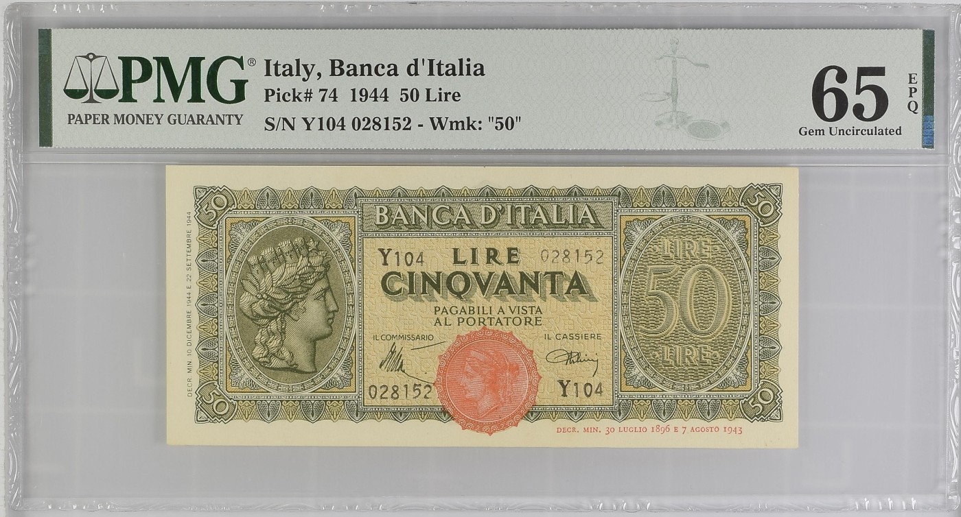 收藏联盟Quantum Auction 第281期拍卖  意大利银行1944年50里拉 PMG65 号码无47