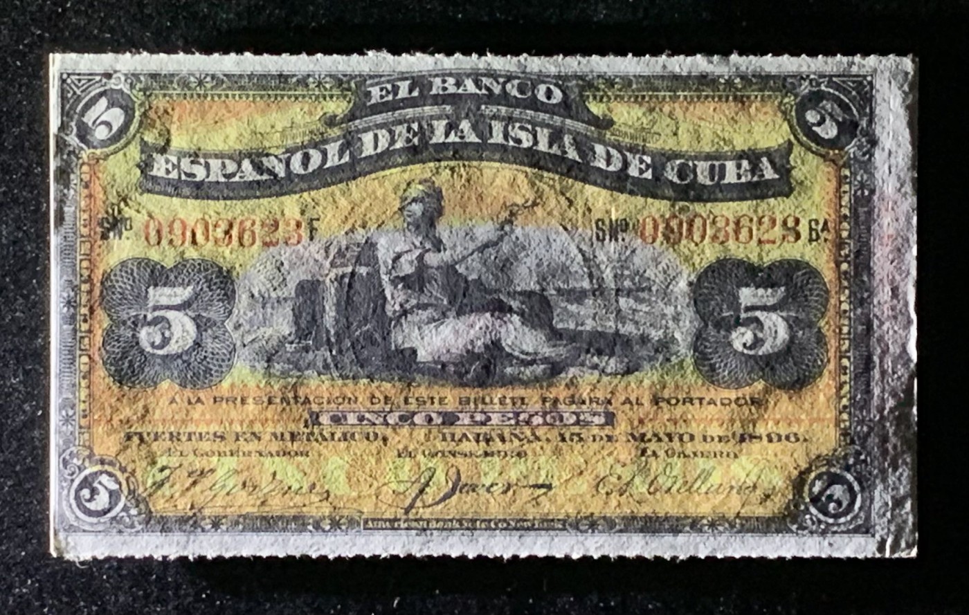 紫瑗钱币——第293期拍卖—纸币场 古巴 1896年 古巴西班牙银行 银元票 5比索 UNC