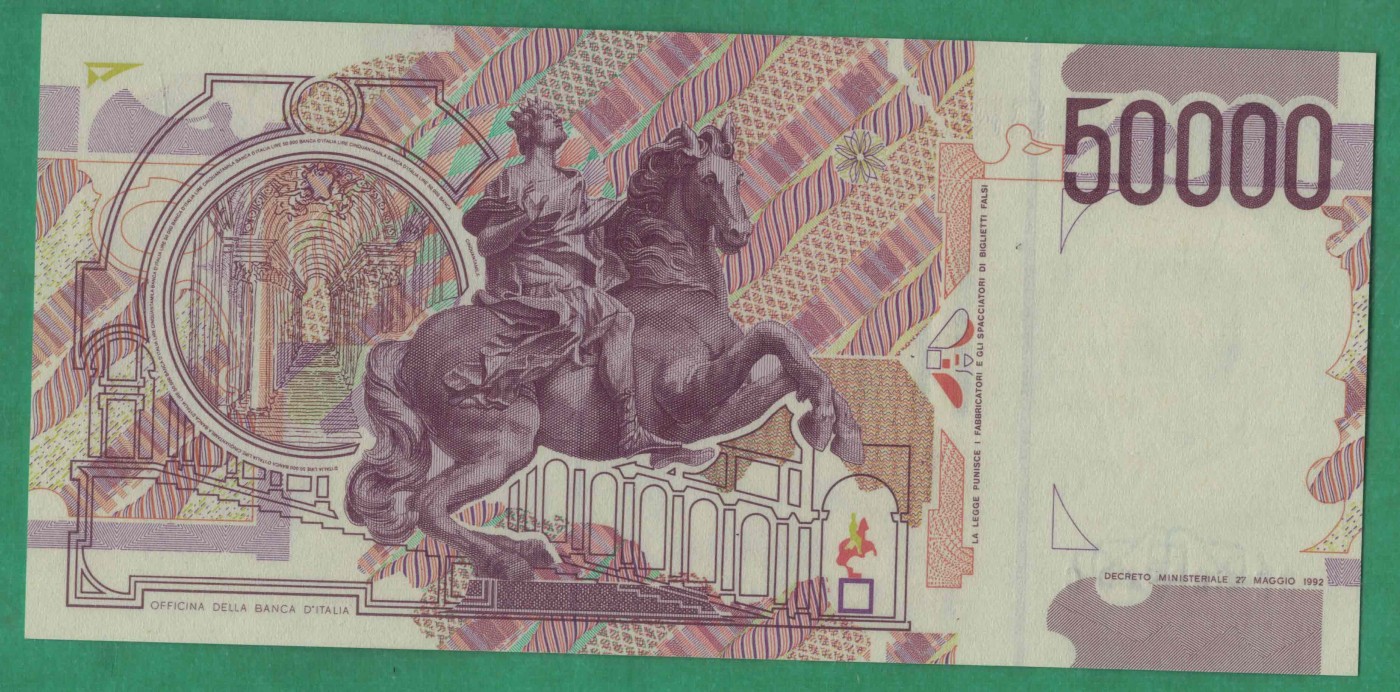 意大利50000里拉 1992年 克劳斯P-116c 无47 倒置号 欧洲纸币 实物图 UNC