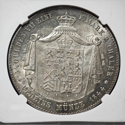 1844年 德国拿骚2泰勒银币 NGC MS61