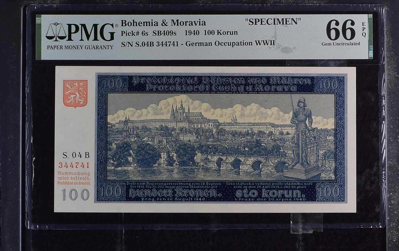 收藏联盟Quantum Auction 第281期拍卖  波西米亚和莫拉维亚1940年100克朗样票 PMG66 查理大桥