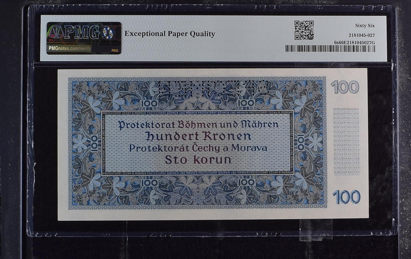 收藏联盟Quantum Auction 第281期拍卖  波西米亚和莫拉维亚1940年100克朗样票 PMG66 查理大桥