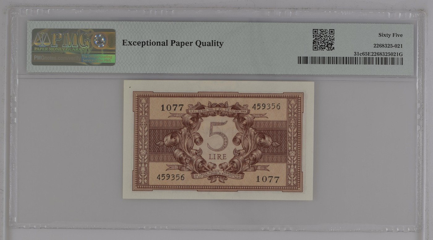 收藏联盟Quantum Auction 第281期拍卖  意大利1944年5里拉 PMG65