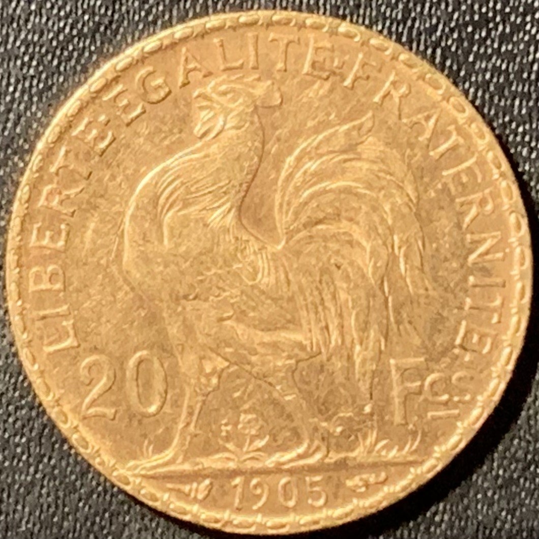 紫瑗钱币——第294期拍卖 法国 1905年 玛丽安娜 公鸡 20法郎 6.45克 0.9金 UNC